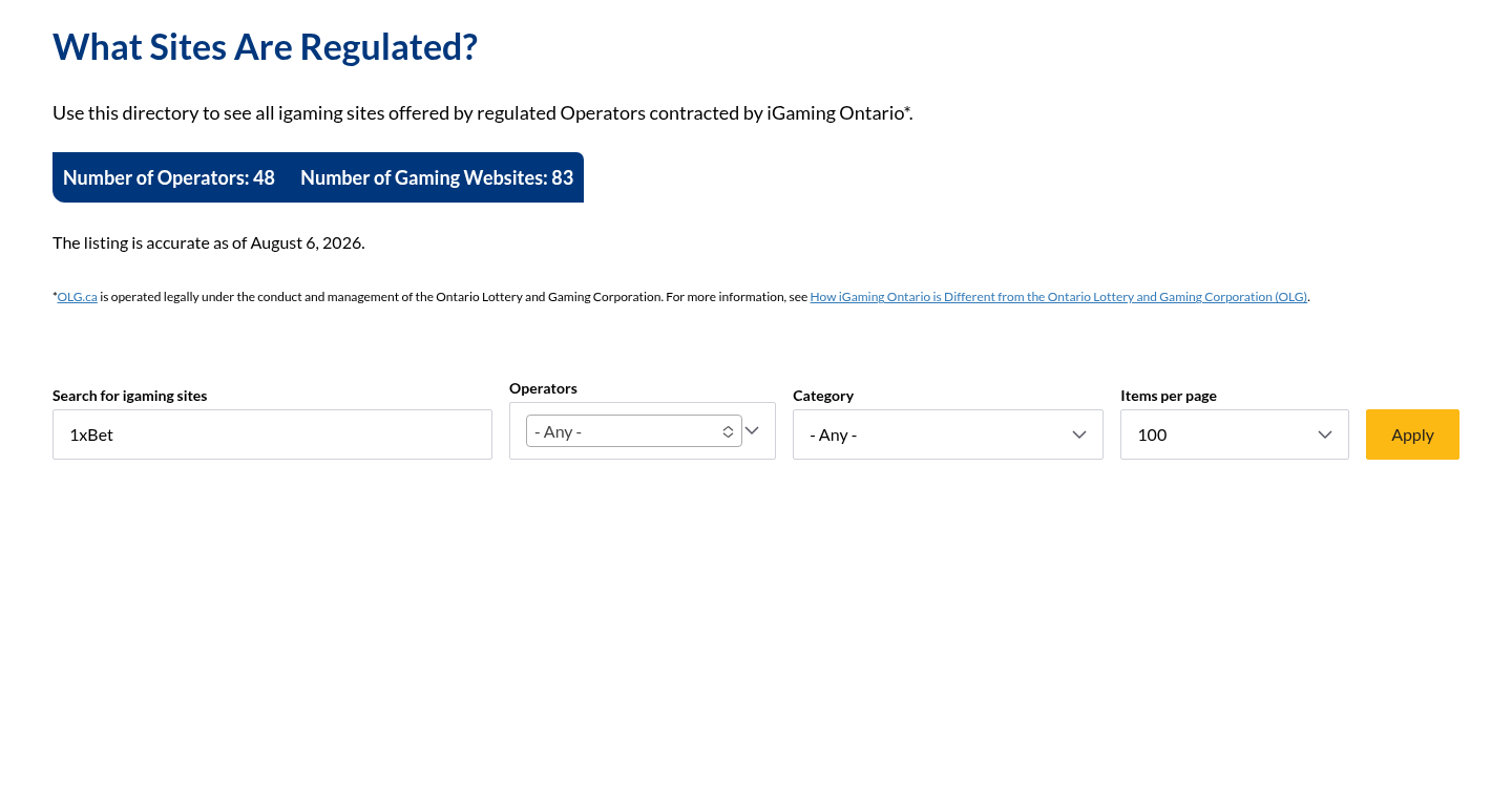 1xBet dated iGaming Ontario directory evidence view