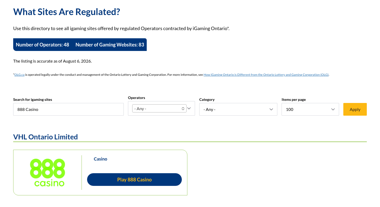 888 Casino dated iGaming Ontario directory evidence view