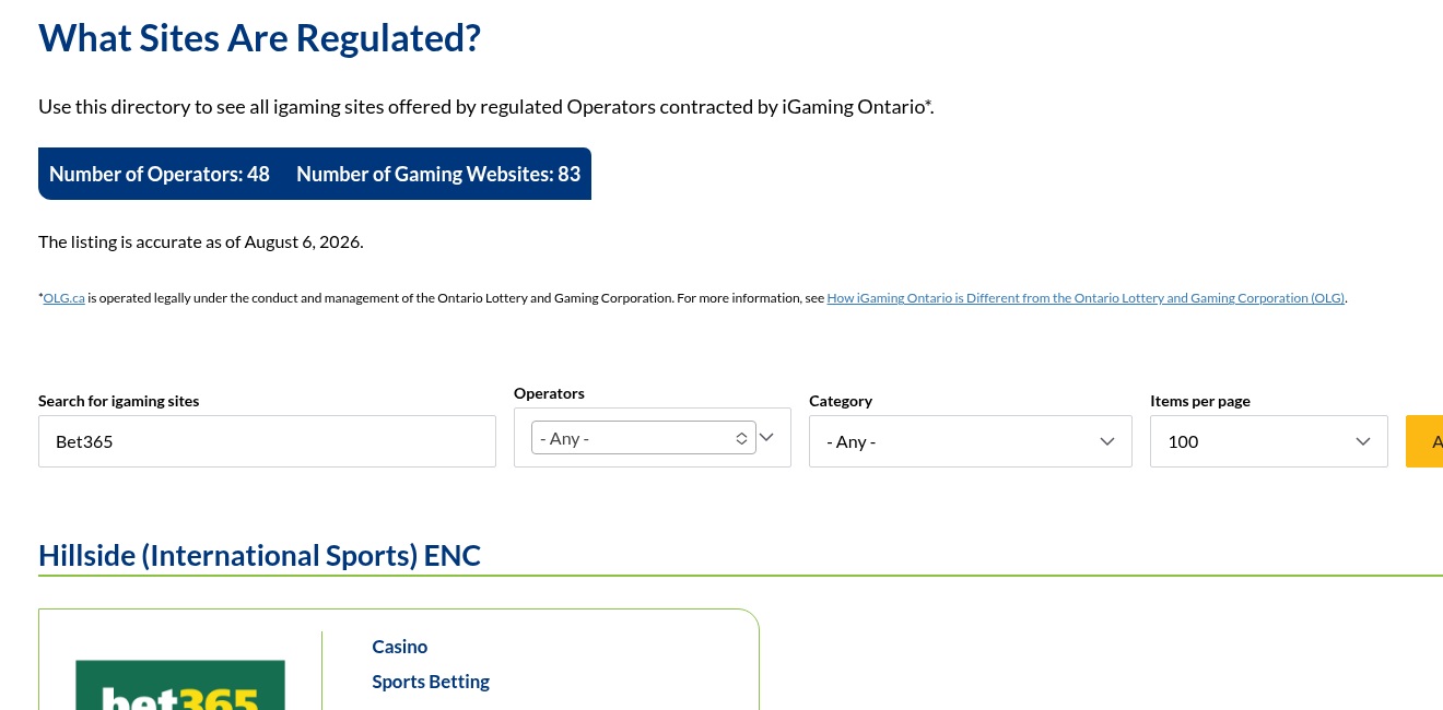 Bet365 dated iGaming Ontario directory evidence view