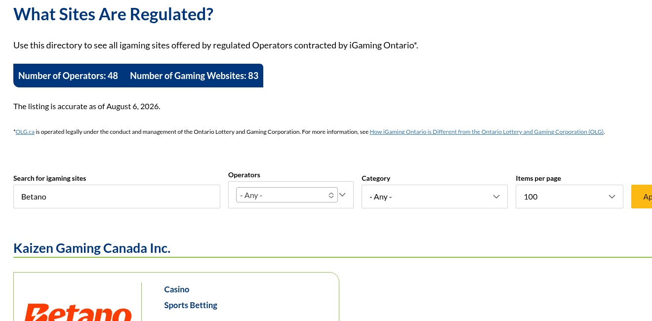 Betano dated iGaming Ontario directory evidence view