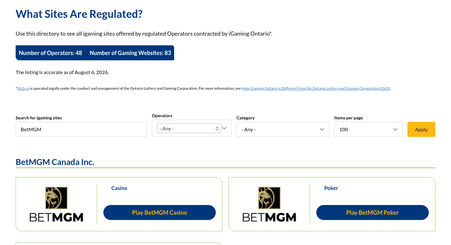 BetMGM dated iGaming Ontario directory evidence view