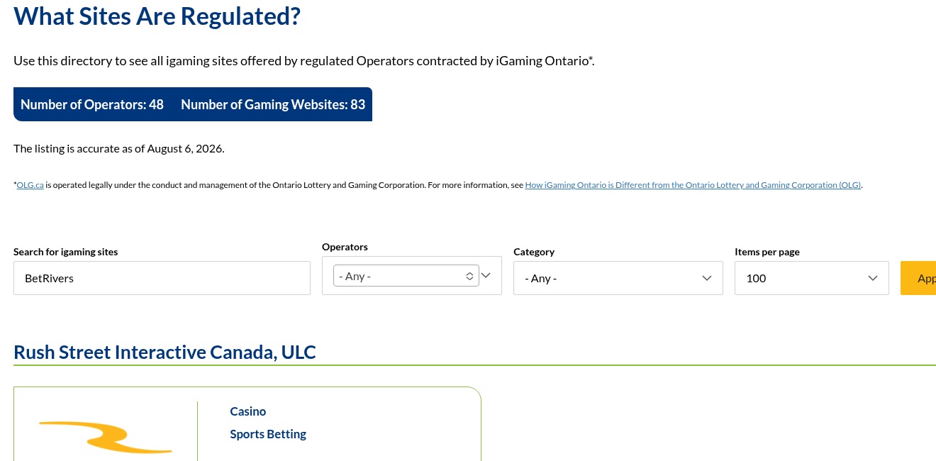 BetRivers dated iGaming Ontario directory evidence view