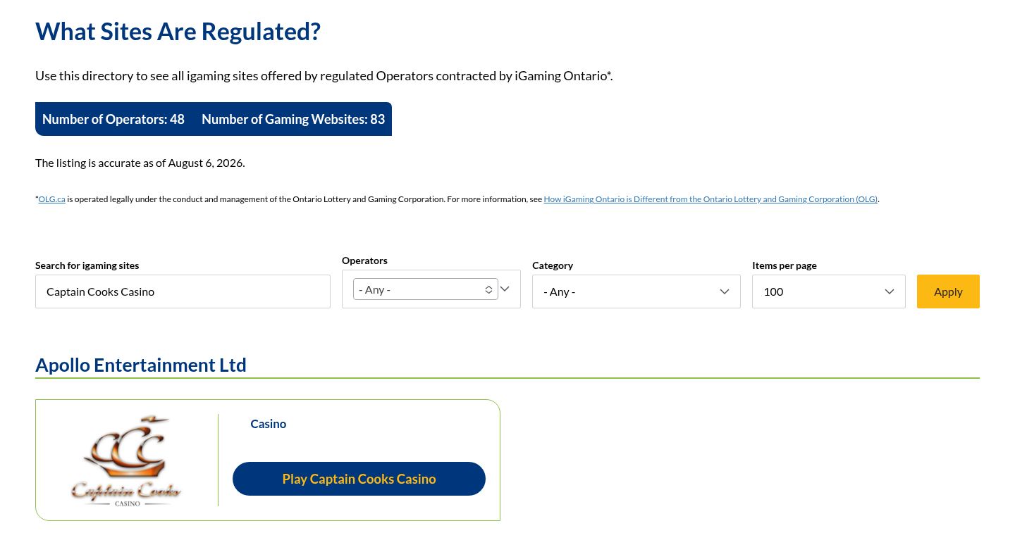 Captain Cooks Casino dated iGaming Ontario directory evidence view