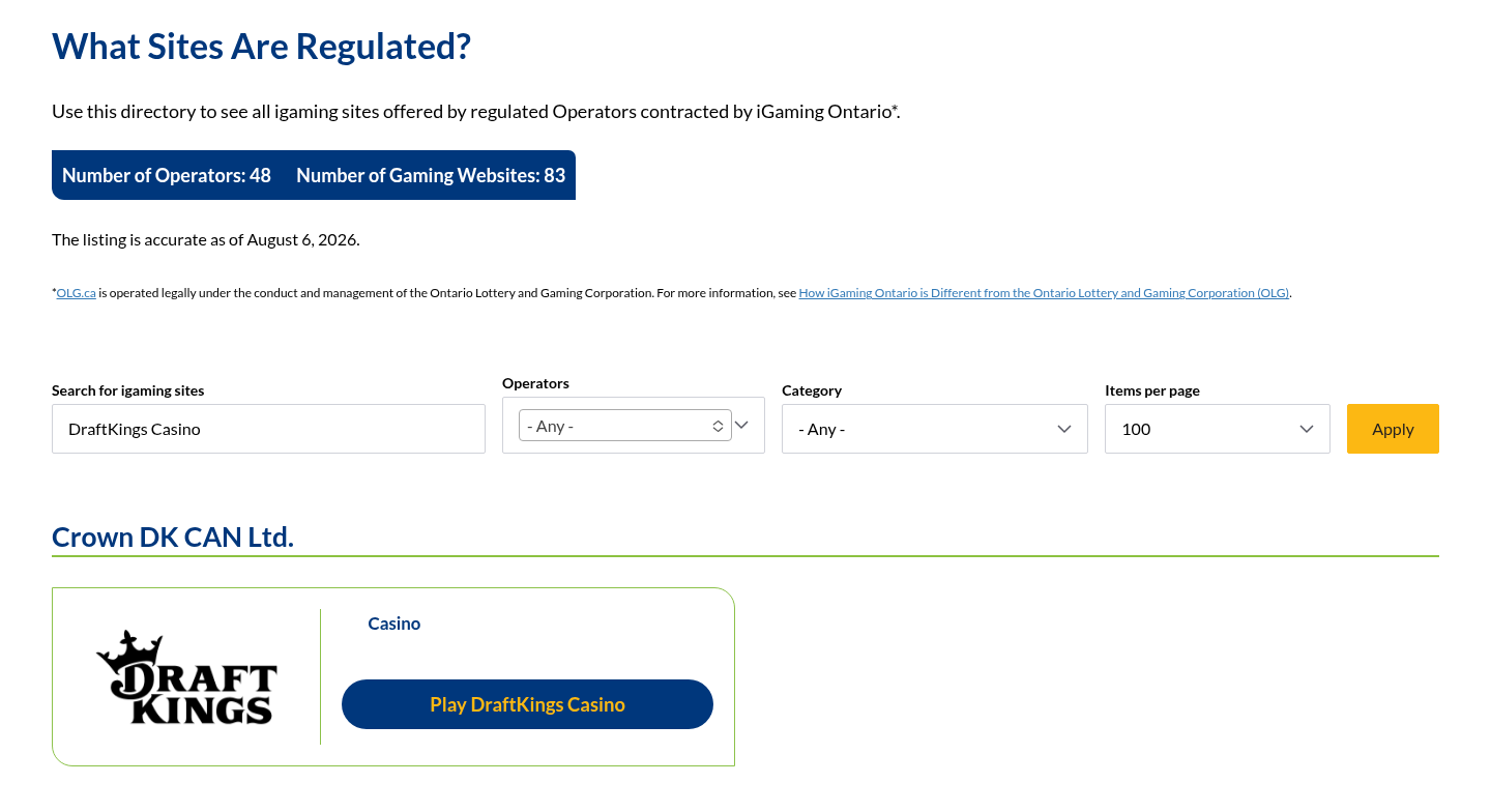 DraftKings Casino dated iGaming Ontario directory evidence view