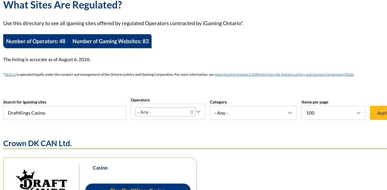 DraftKings Casino dated iGaming Ontario directory evidence view