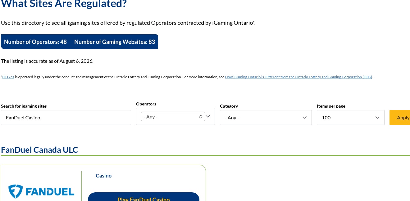 FanDuel Casino dated iGaming Ontario directory evidence view