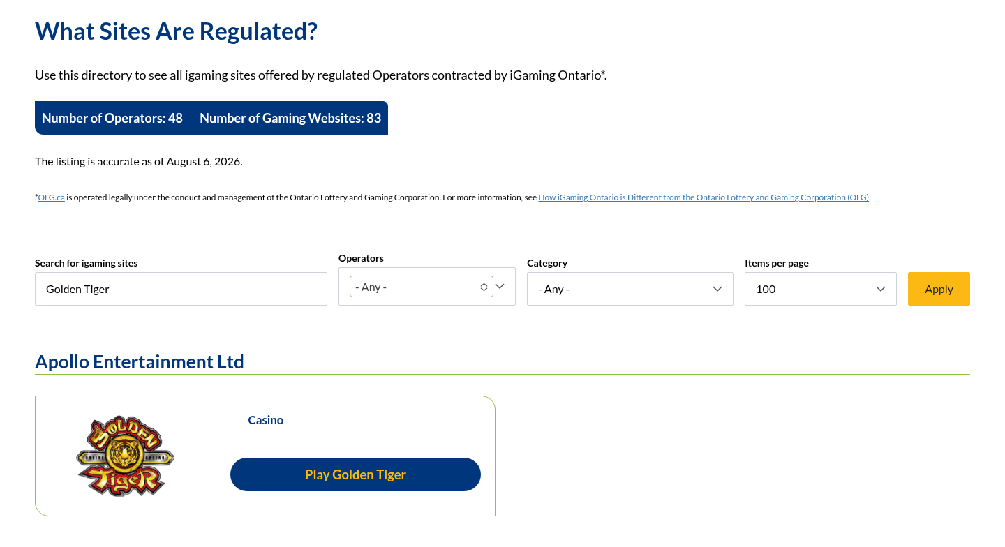 Golden Tiger Casino dated iGaming Ontario directory evidence view