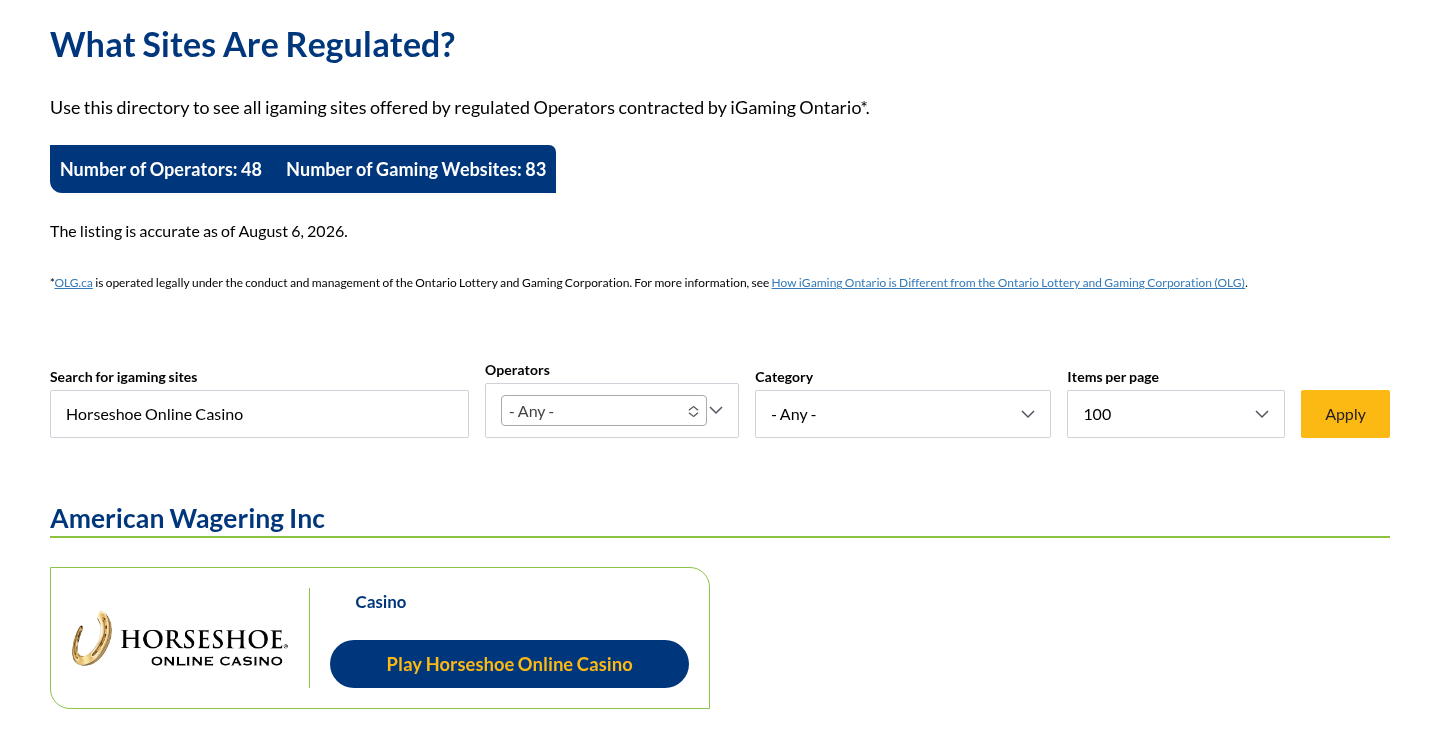 Horseshoe Online Casino dated iGaming Ontario directory evidence view