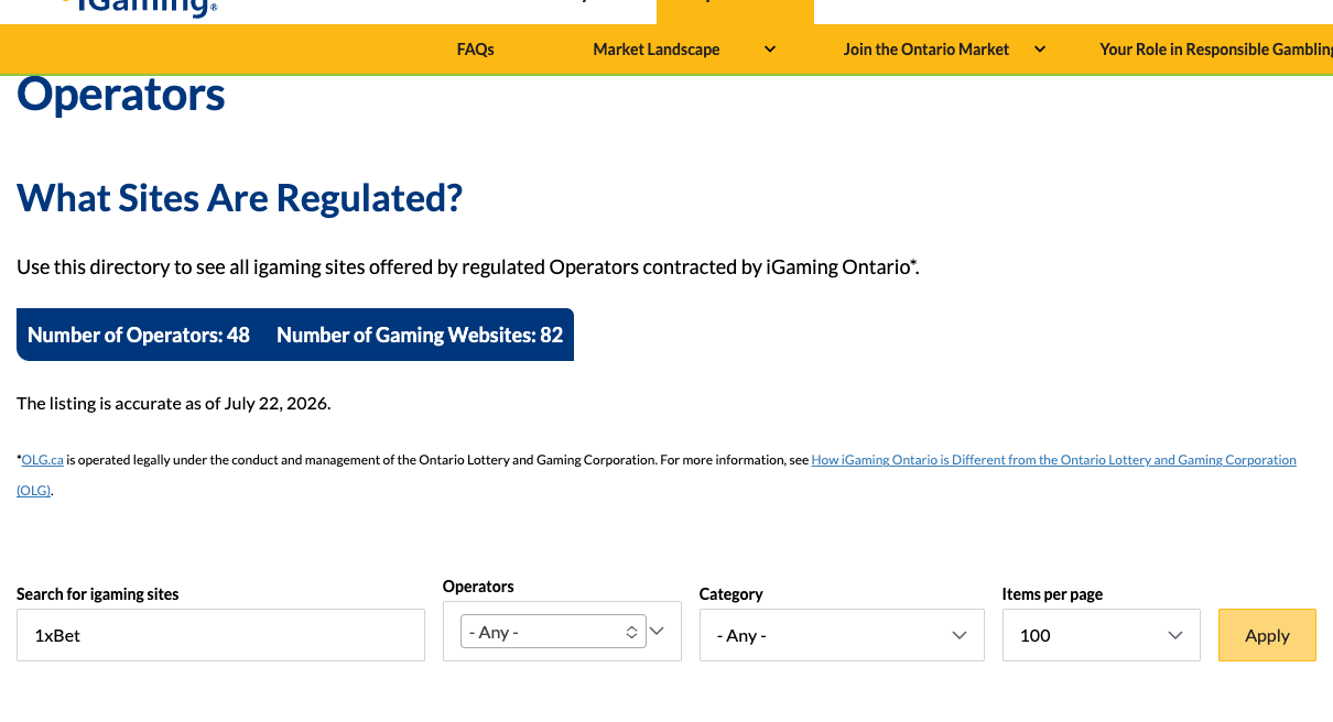 iGaming Ontario directory search for 1xBet captured 29 July 2026