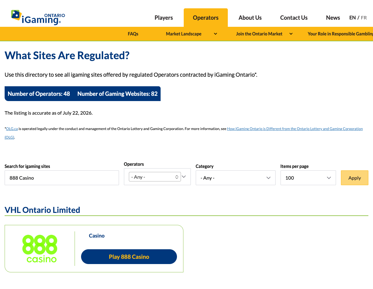 iGaming Ontario directory search for 888 Casino captured 29 July 2026