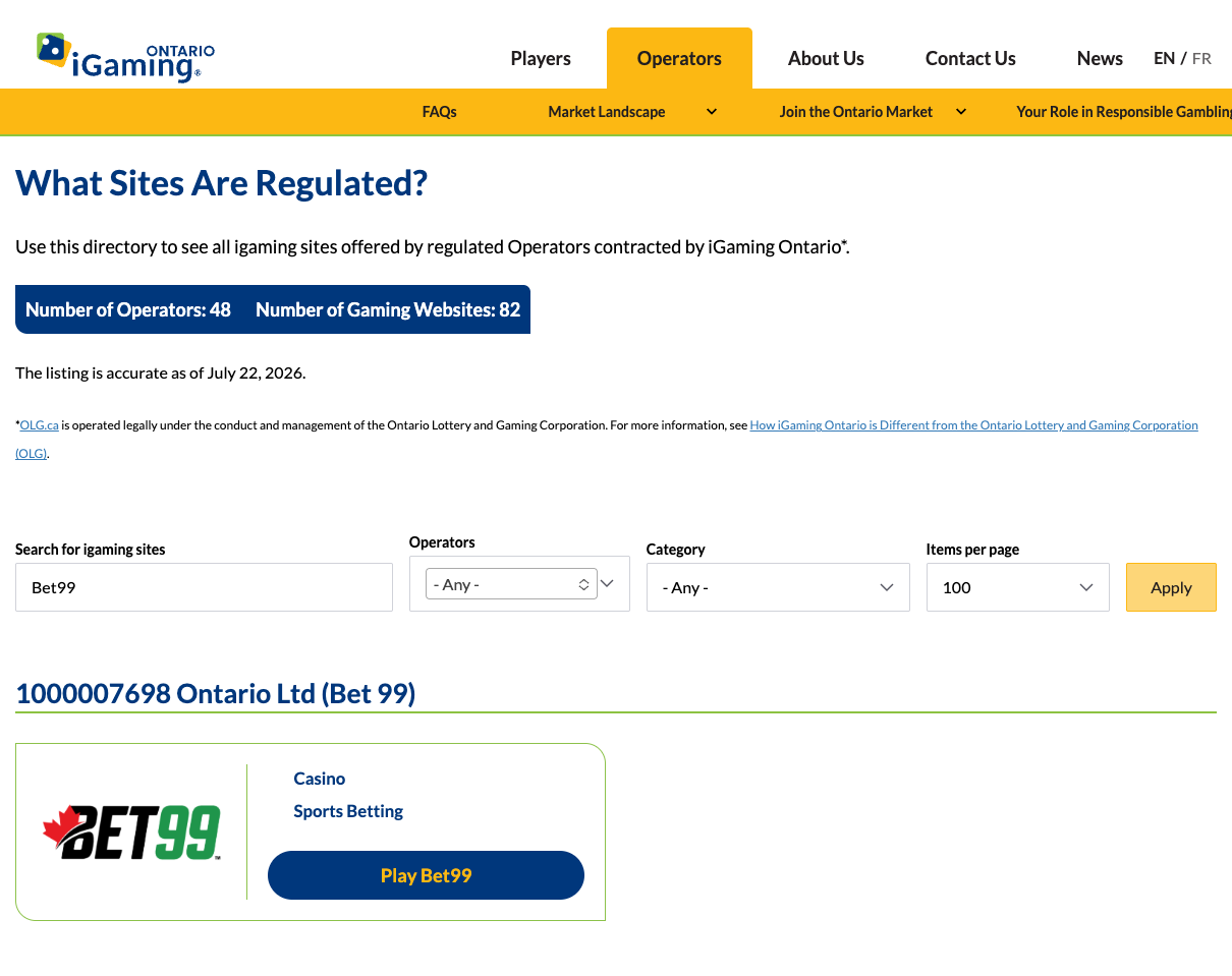 iGaming Ontario directory search for BET99 captured 29 July 2026