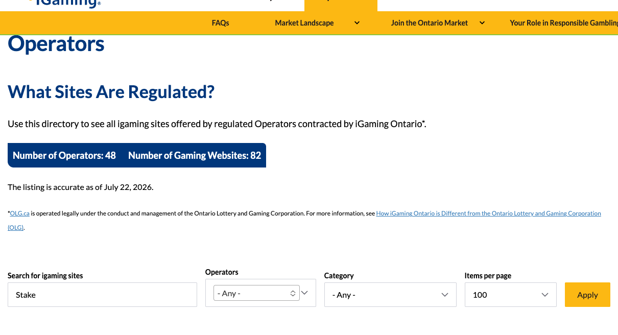 Recherche dans l'annuaire iGaming Ontario pour Stake capturée le 29 juillet 2026