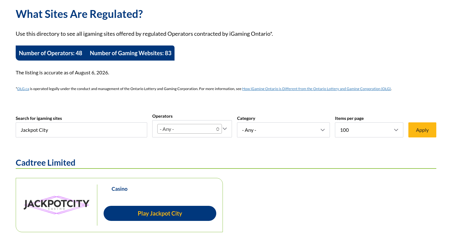 Jackpot City Casino dated iGaming Ontario directory evidence view