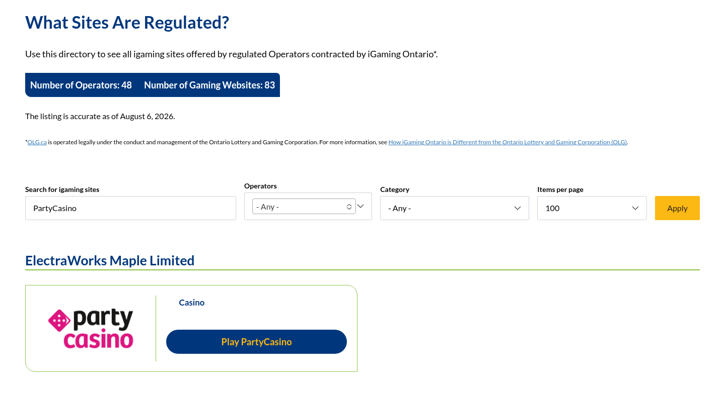 PartyCasino dated iGaming Ontario directory evidence view