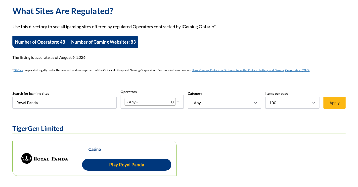 Royal Panda dated iGaming Ontario directory evidence view