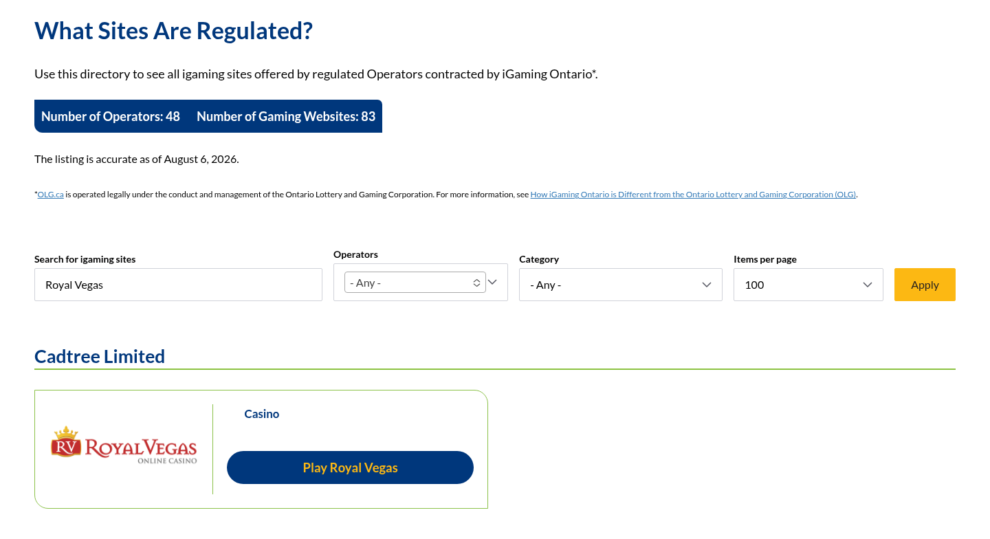 Royal Vegas dated iGaming Ontario directory evidence view