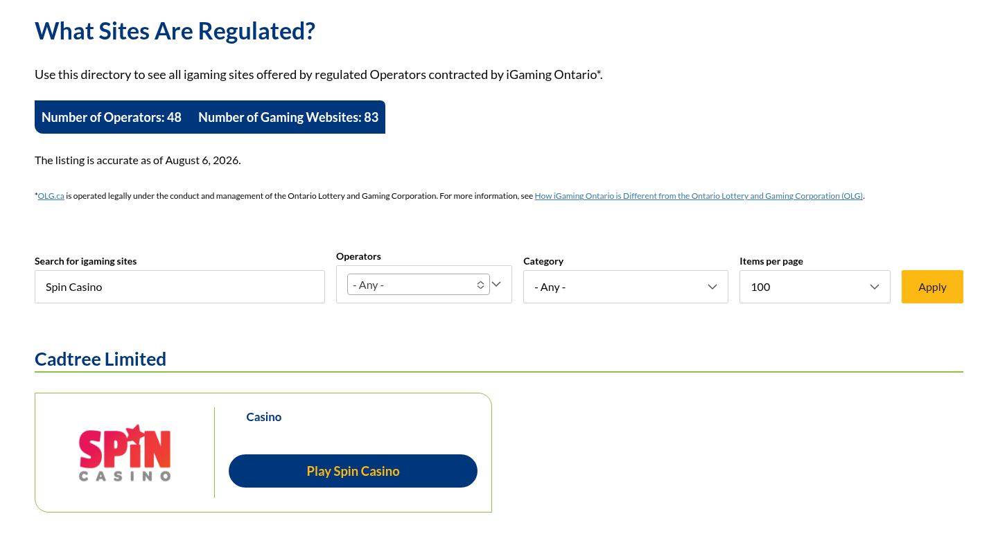 Spin Casino dated iGaming Ontario directory evidence view