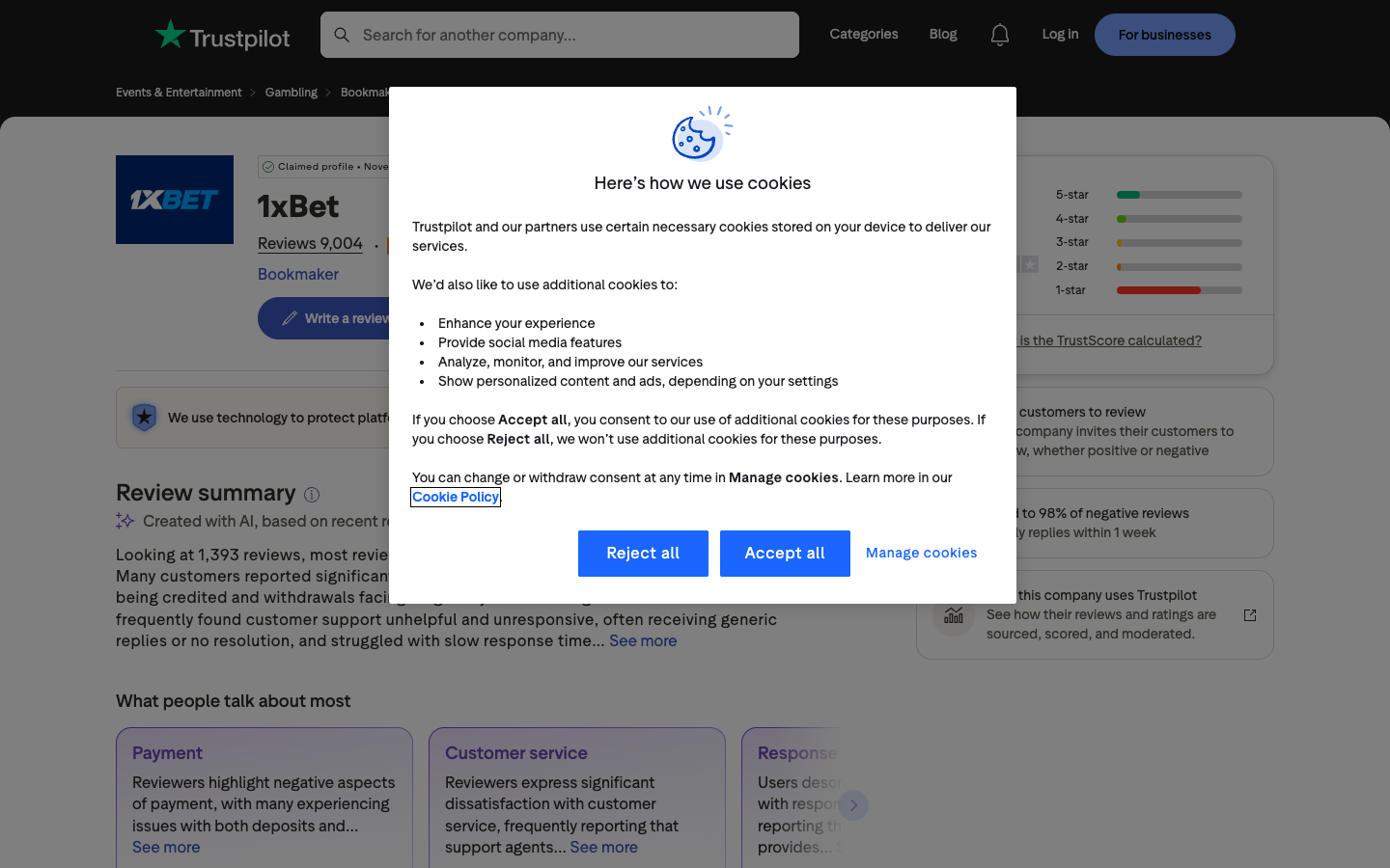 Trustpilot profile for 1xBet captured 29 July 2026