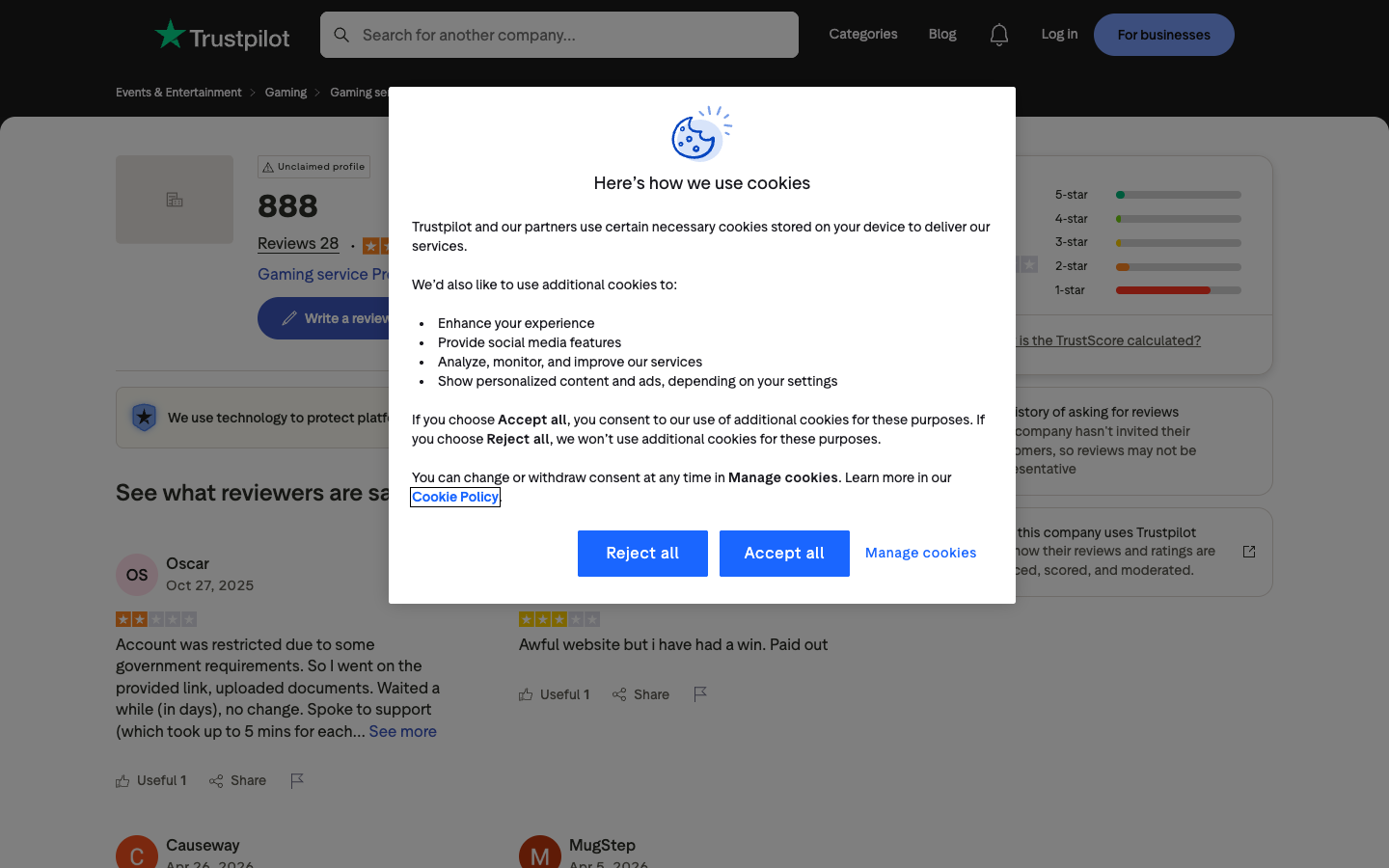 Trustpilot profile for 888 Casino captured 29 July 2026