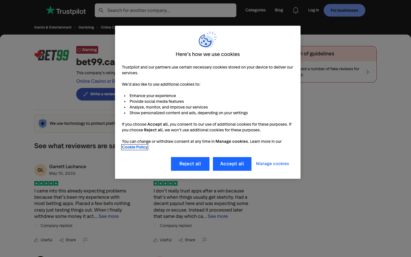 Trustpilot profile for BET99 captured 29 July 2026