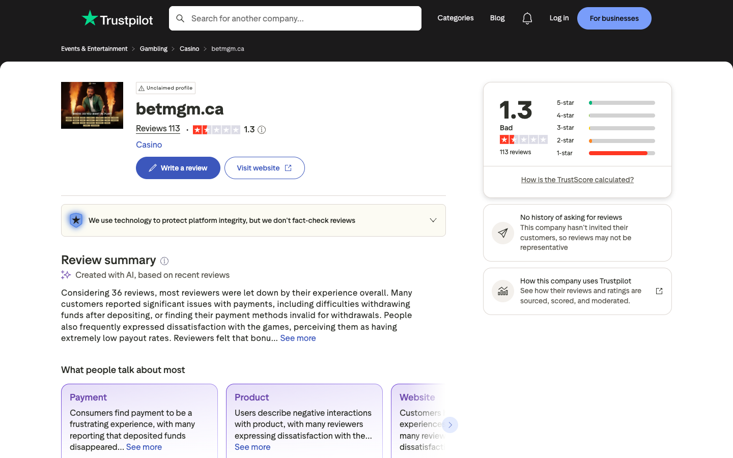 Profil Trustpilot pour BetMGM capturé le 29 juillet 2026