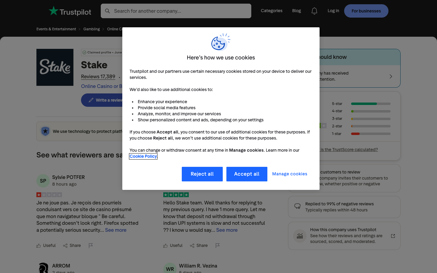 Profil Trustpilot pour Stake capturé le 29 juillet 2026