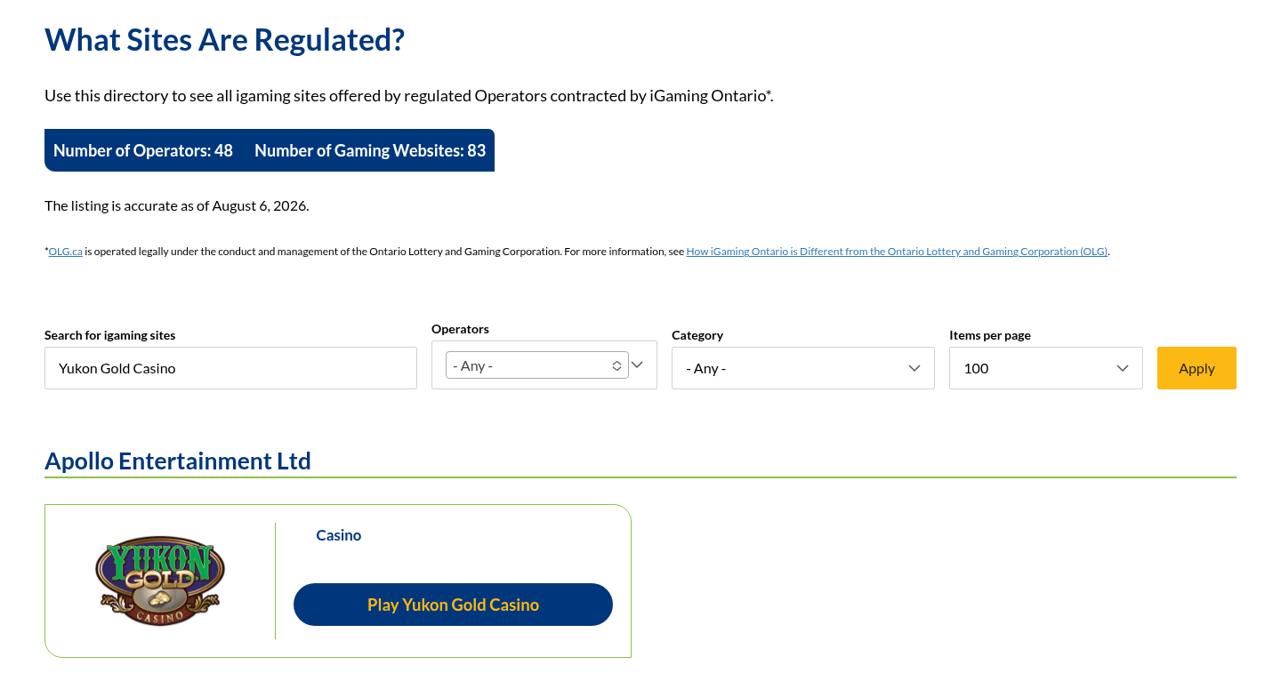 Yukon Gold Casino dated iGaming Ontario directory evidence view