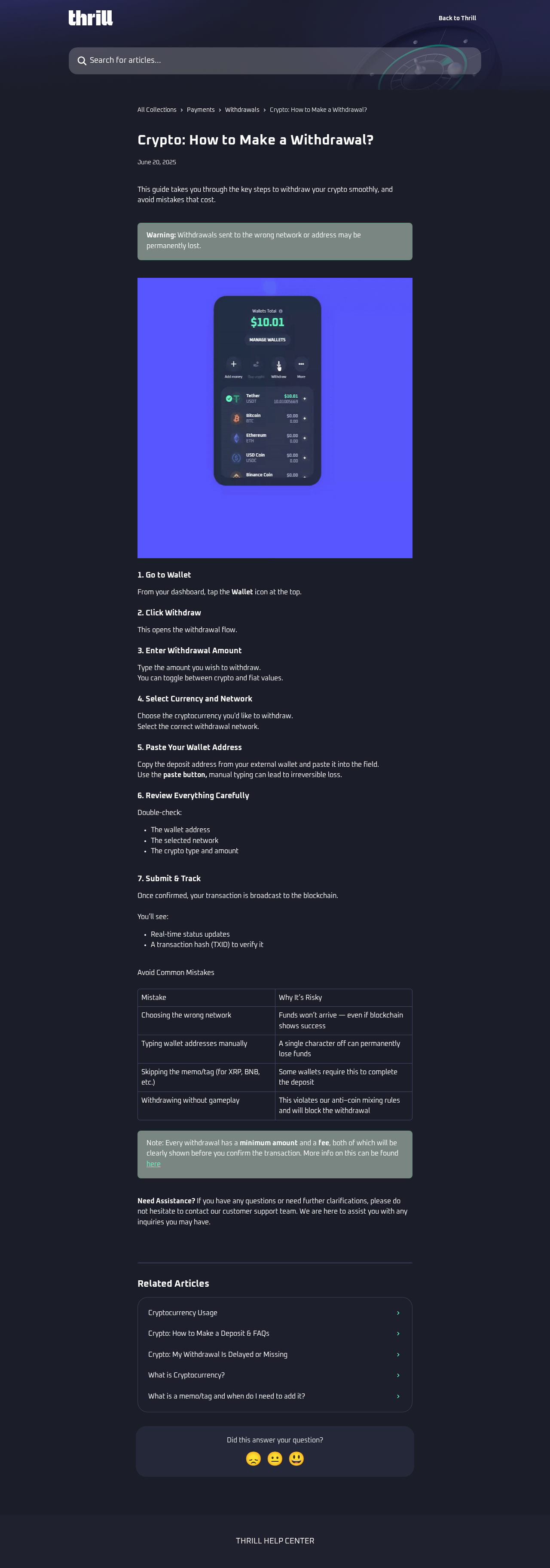 Thrill withdrawals: network, TXID and KYC evidence